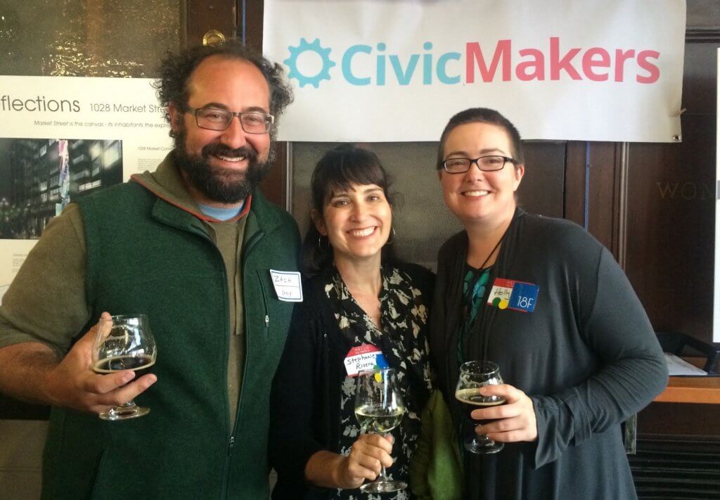 Exygy’s Zach Berke with Stephanie Rivera and Holly Allen of 18F enjoying a CivicMixer at The Hall! July 2016