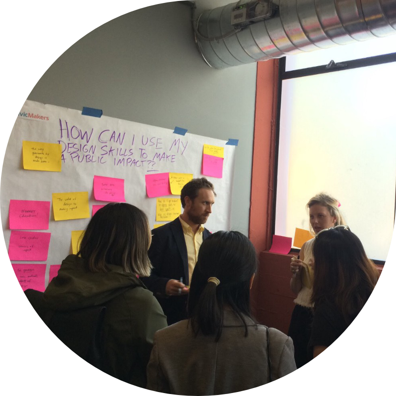 A breakout group conversation held during the SF Design Week event, Service Design in the Public Sector. This small group is gathered discussing the prompt 'how can I use my design skills to make a public impact?'