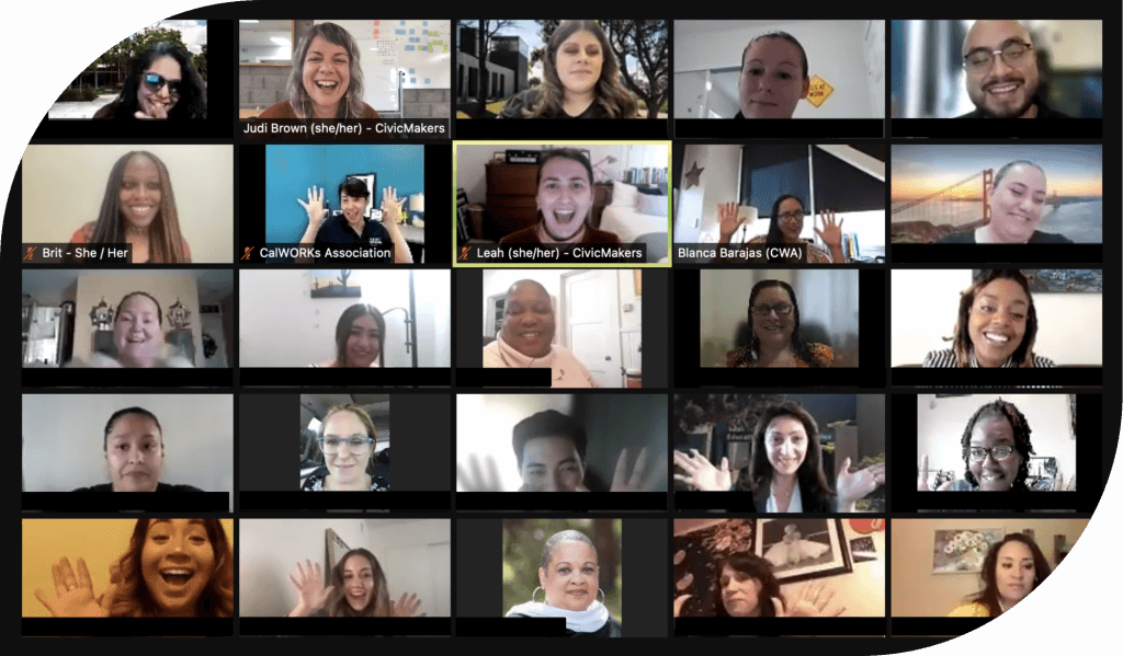 A zoom screenshot of 20 different smiling faces. This picture was taken during a session with the Project SPARC team and participants.