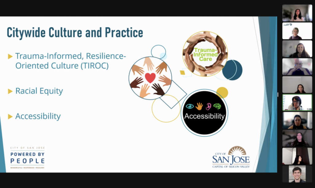 A screenshot from Demo Day #5. On the right side is a column of participants on video while Kelli Parmley (Assistant Director Of Human Resources, City of San Jose) shares a slide. The slide is titled