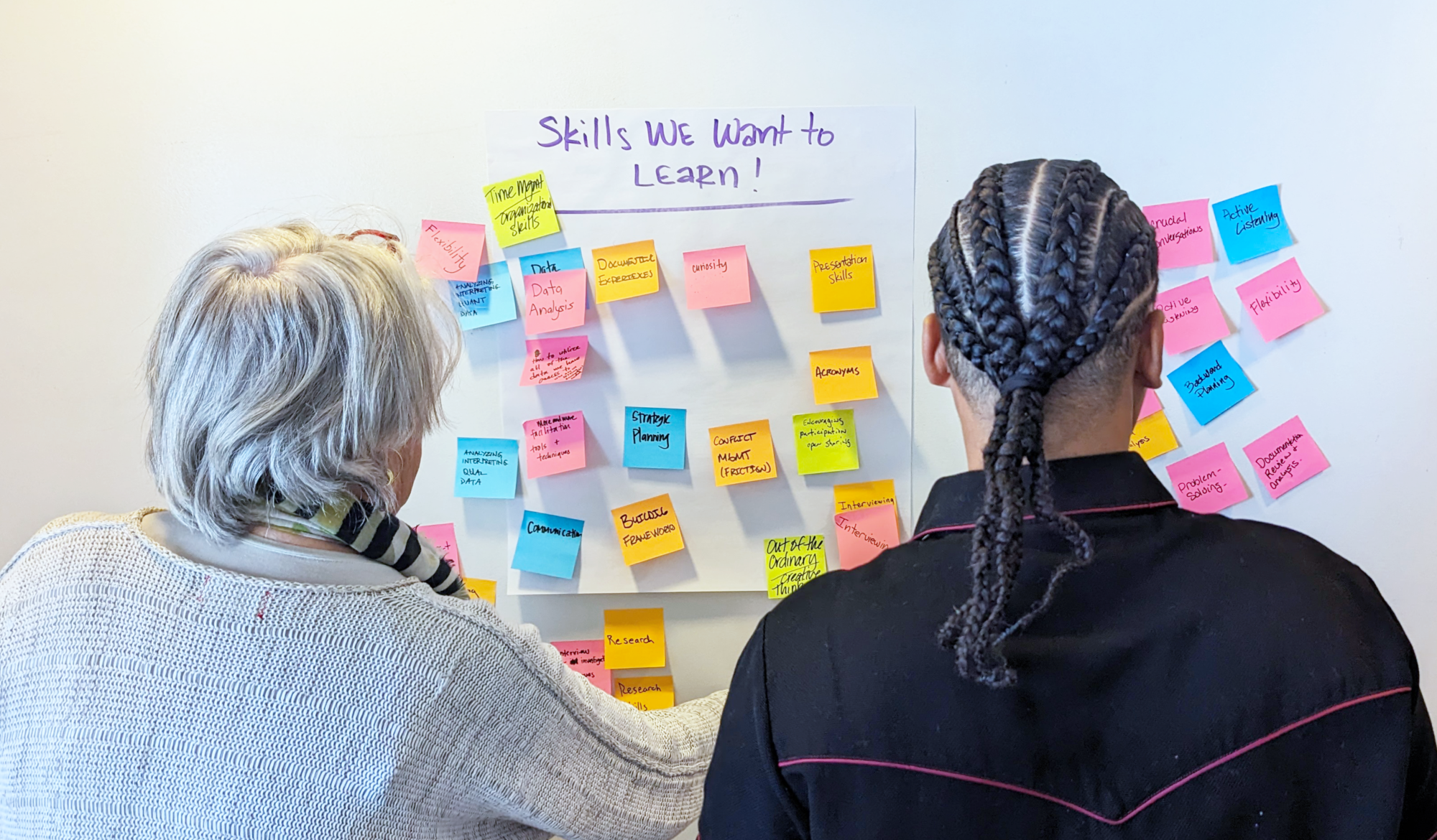 Virginia Hamilton and a kick-off participant are standing with their backs to camera, facing a wall of sticky notes that are labeled ‘skills we want to learn!’