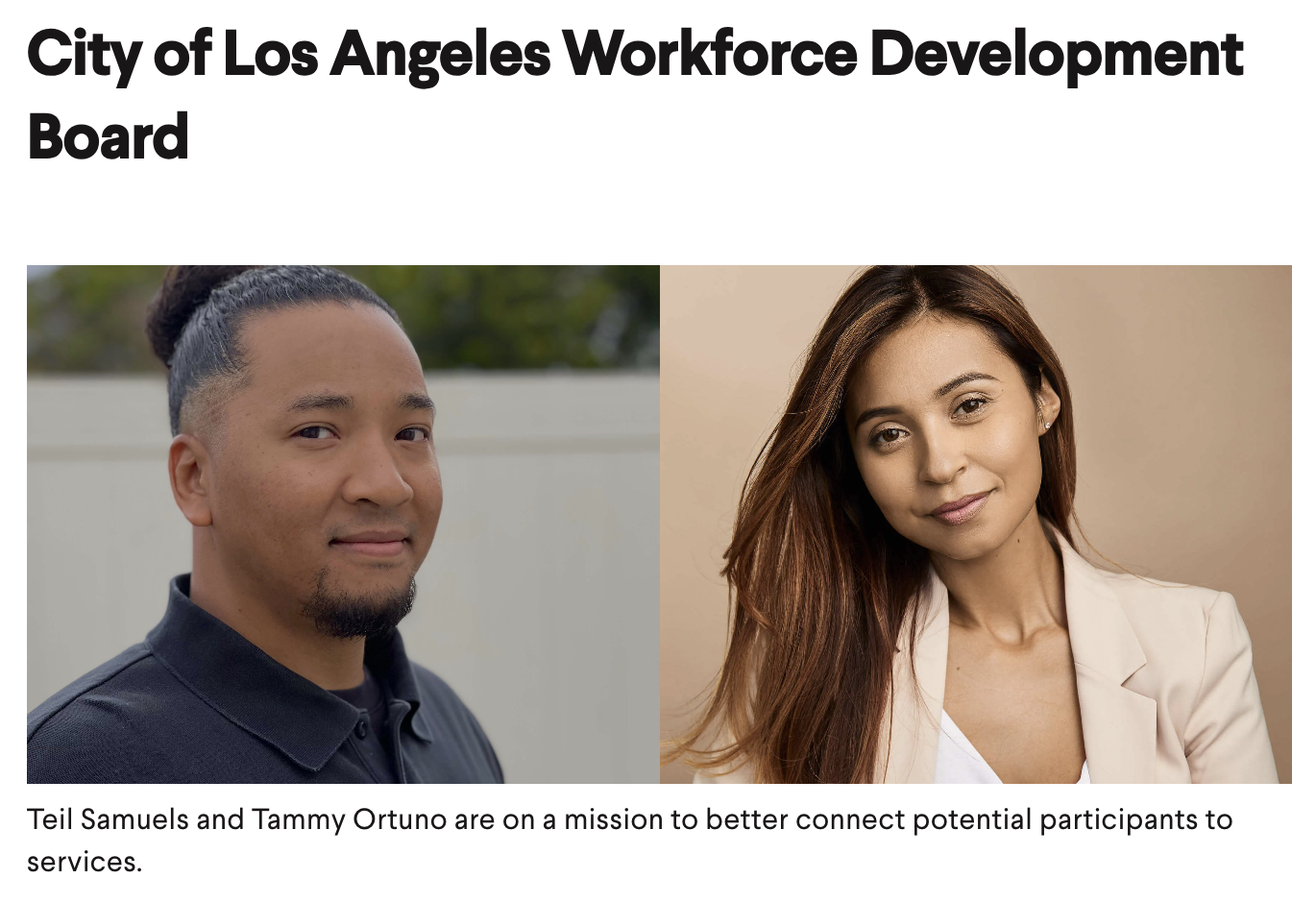 Headshots of Teil Samuels and Tammy Ortuno, representing the City of Los Angeles in the Workforce Transformation Corps.