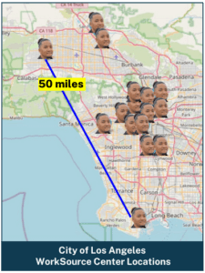 Locations of WorkSource Centers in LA, with Teil's face used as a 'pin' throughout the map.