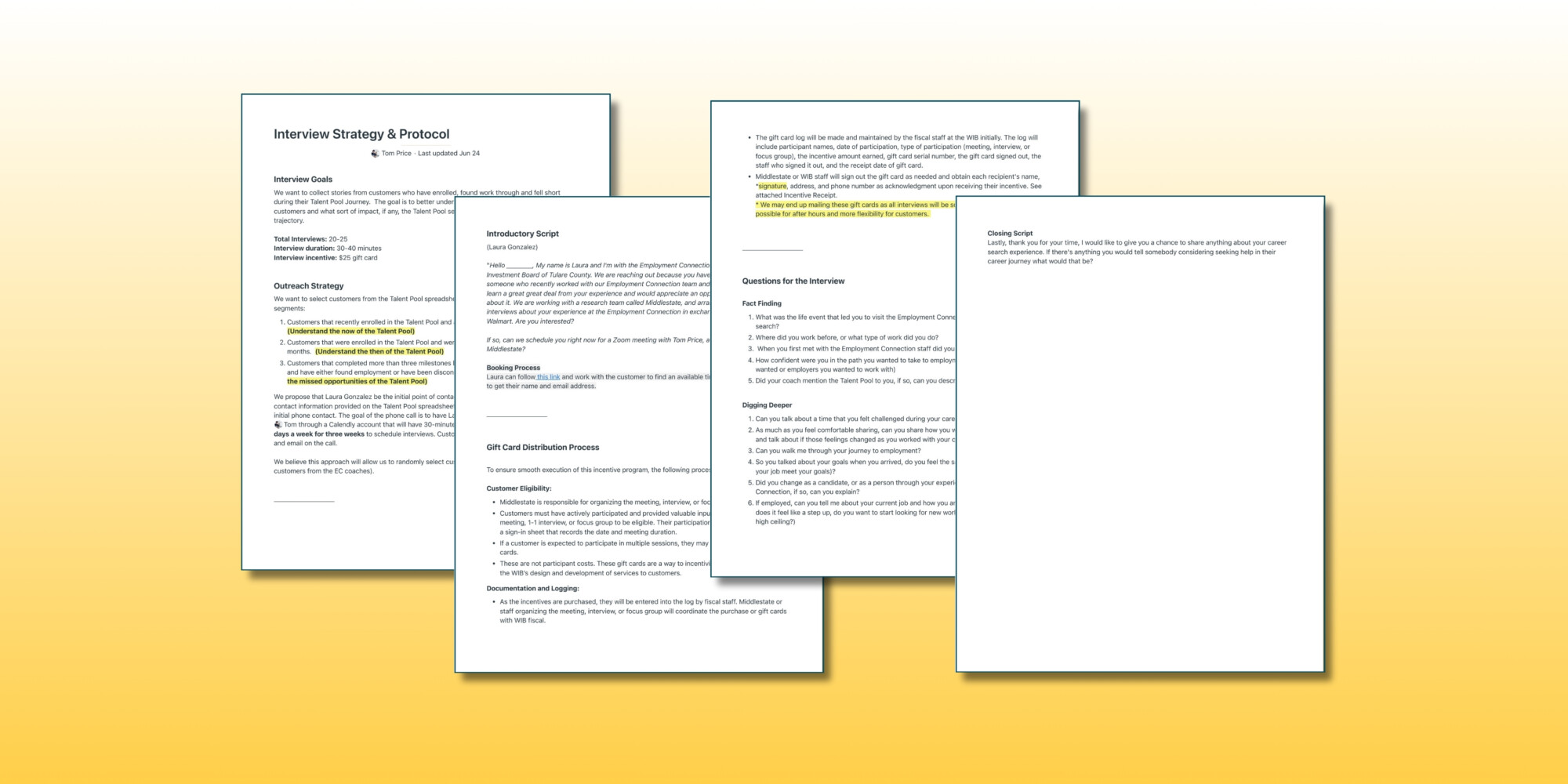 Four pages of the interview strategy are laid out, overlapping each other. The background fades from white to yellow.