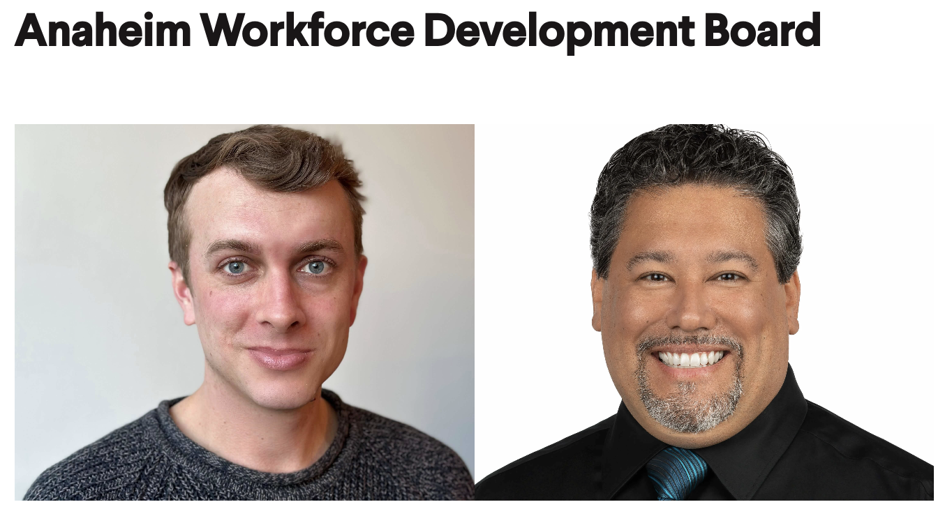 Headshots of James Shirvell and Marco Lucero, representing Anaheim Workforce Connection in the Workforce Transformation Corps.