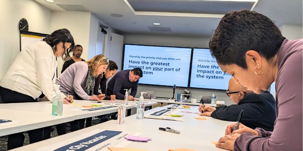 Several people are spread out around 6 different tables, writing ideas on post-its to help shape the priorities of the plan.