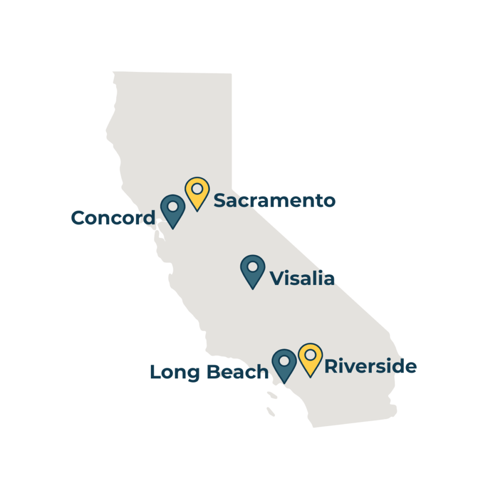 Map of California with 5 pins in the map. There are two yellow pins of locations not yet visited (Sacramento and Riverside), and there are three blue pins where workshops have already been completed (Visalia, Long Beach, and Concord).