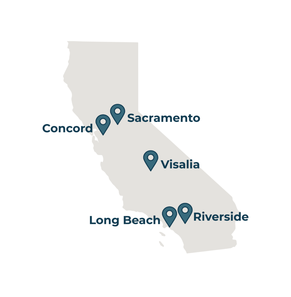 Map of California with 5 pins representing workshops that have been completed (Visalia, Long Beach, Concord, Riverside, and Sacramento).