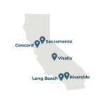 Map of California with 5 pins representing workshops that have been completed (Visalia, Long Beach, Concord, Riverside, and Sacramento).