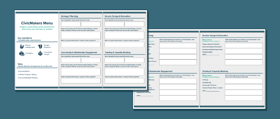 Example of the worksheet, front and back, that was used to guide the team to reflect on our service areas, our core strengths, and the impact we can have for our partners.