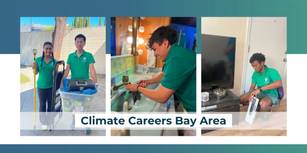 youth participants of the Climate Careers Program. This includes three images of Youth Energy Specialists out in the field, carrying tools and installing sustainable home improvements.