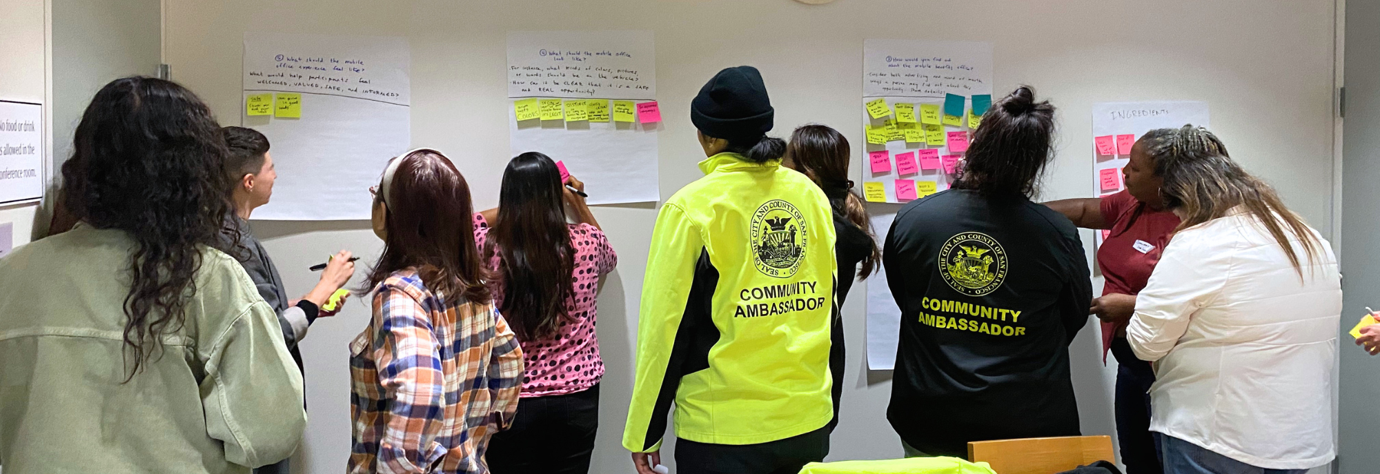 A small group of external partners are standing in front of several posters, adding and arranging post-its of ideas.