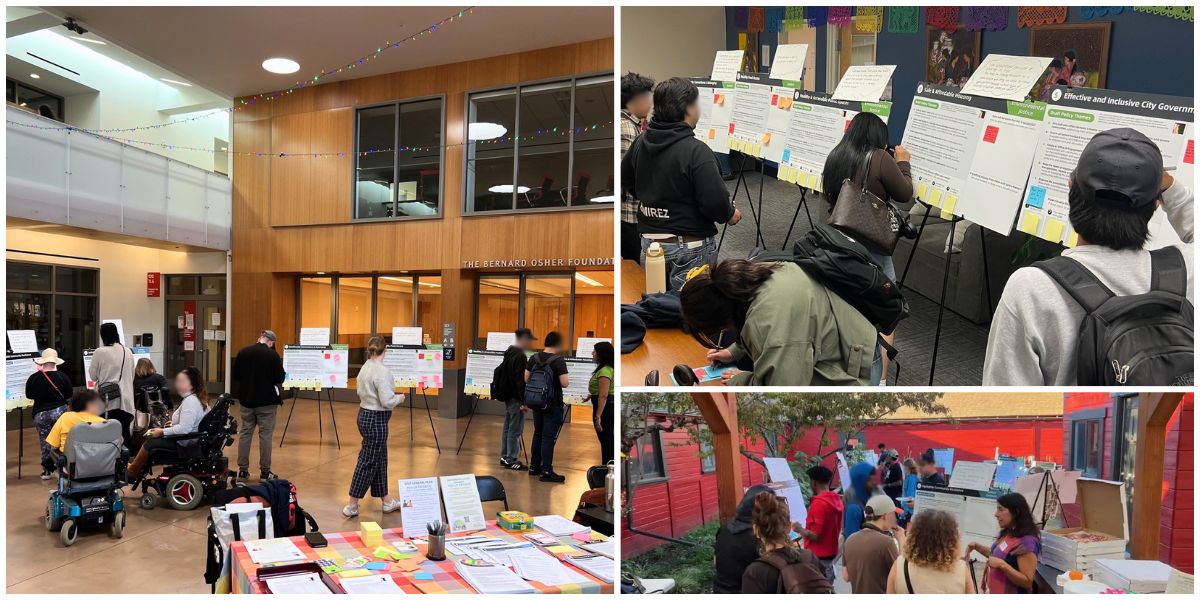 3 photos from different in-person engagements. Each photo shows community members looking over posters with different elements of the plan. There are post-its on the boards and there are people actively writing post-its to add or in discussion about the topics.